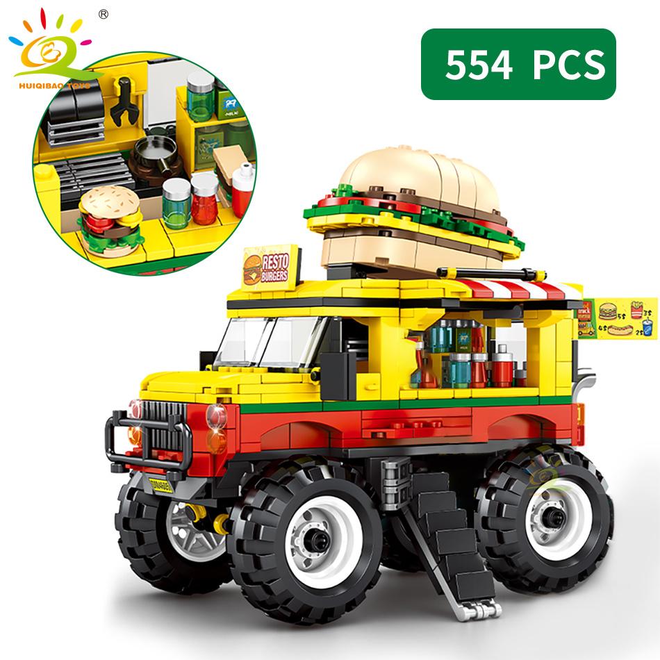 City Outing Bus Ice Cream Burger Shop Car Building Blocks Food Snack Street View Store Van Bricks Toy For Children Girl