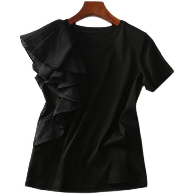 Нерегулярные оборки по краю, милый топ, темперамент, нишевый дизайн, футболка, женская летняя, простая, с круглым вырезом