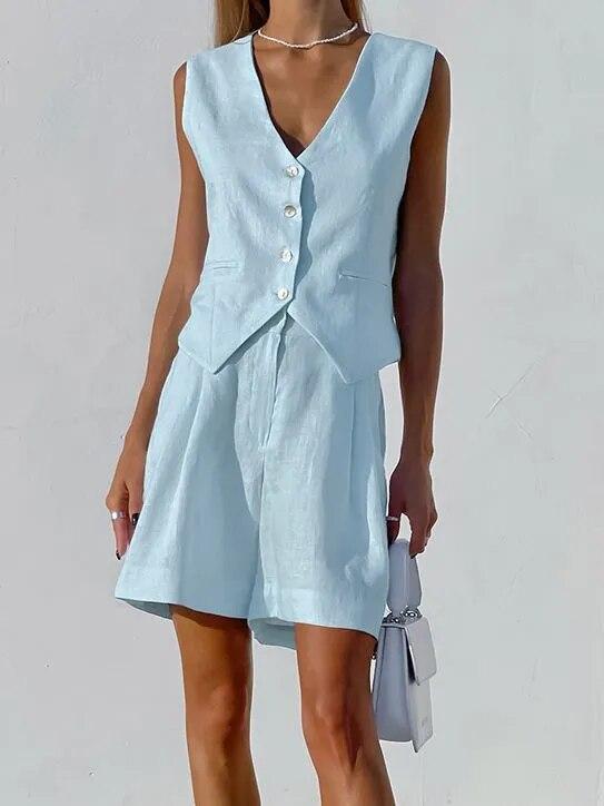 Women Cotton Line Waistcoat Shorts Sets Elegant Sleeveless Single Breasted Top Two Piece Set Womens 2023 Summer Lady Outsuit