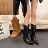 New High Heels Mid Calf Pleated Boots for Women Winter Brown Leather Western Boots Woman Thick Heeled Cowgirl Boot Zapatos Mujer