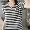 Полосатая футболка из ледяного шелка с короткими рукавами, женская свободная корейская рубашка большого размера