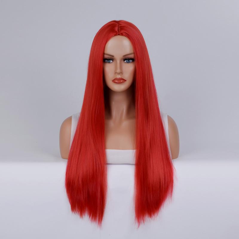 Long Straight Cosplay Wig with Middle Part Woman Anime Ombre Hallowmas Lolita Synthetic Wig Pink Red Heat Resistant Hair