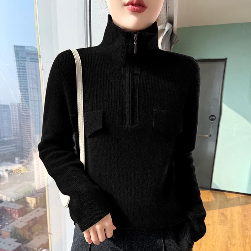 Women's Pure Wool Rib Knit Half Zip Sweater - Autumn/Winter Collection