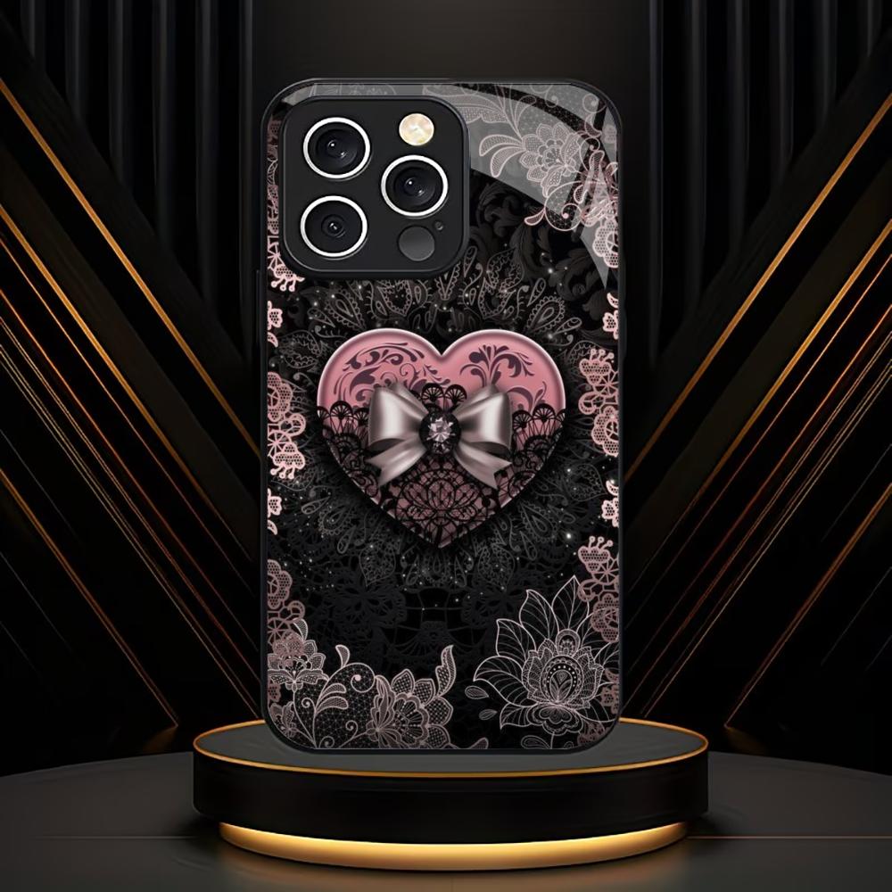 Black Lace with Pink Heart phone case mobile phones for iphone 17 pro max cover Glass for iPhone 17 16 15 14 13 12 11pm Pro Plus