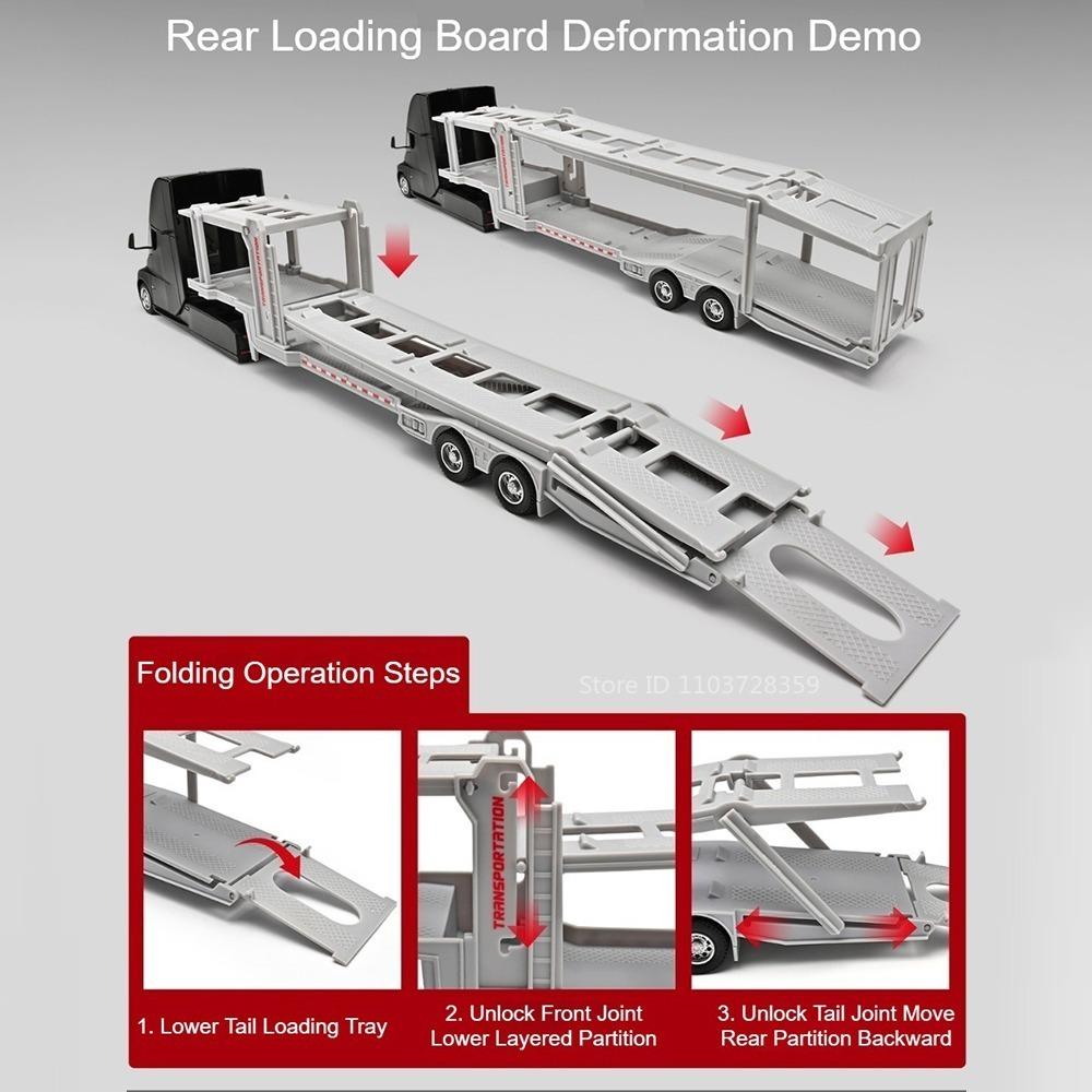 1:32 Car Toy Models Trailer Double Decker Transport Vehicles Metal Diecast Shock Absorption Doors Opened Sound Light Toys Gifts