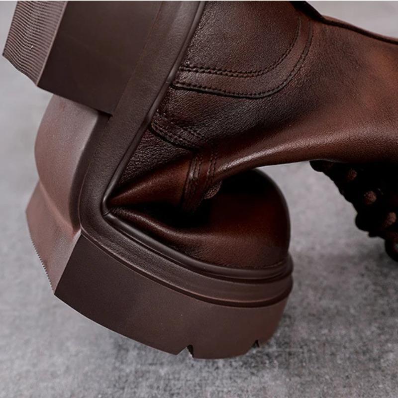 Cowhide Medium Boots Women's Genuine Leather Cotton Short Knight Boots Retro British Style Thick-soled Boots YR-YR1616