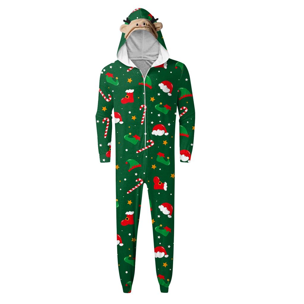 Christmas Print Family Matching Hooded Long Sleeved Zippered Jumpsuit Set