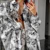 Womens 2-Piece Streetwear Set Long Sleeve Shirt Shorts Ink Print Casual Fashion