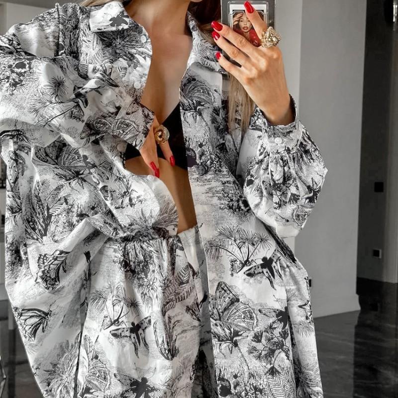 Womens 2-Piece Streetwear Set Long Sleeve Shirt Shorts Ink Print Casual Fashion