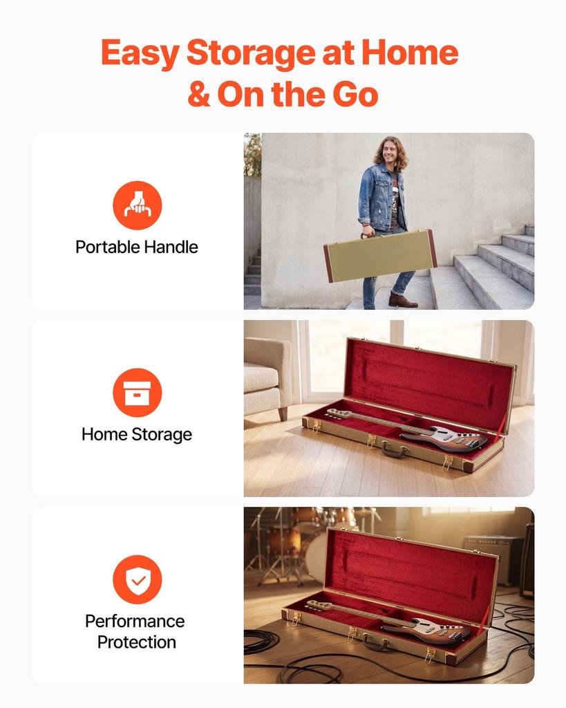 Electric Guitar Hard Case, 1050 MM, Rectangle Wooden Hard-Shell Protective Carrying Case, with Lock Latch, Padding, Accessory Compartment, Key, for 39