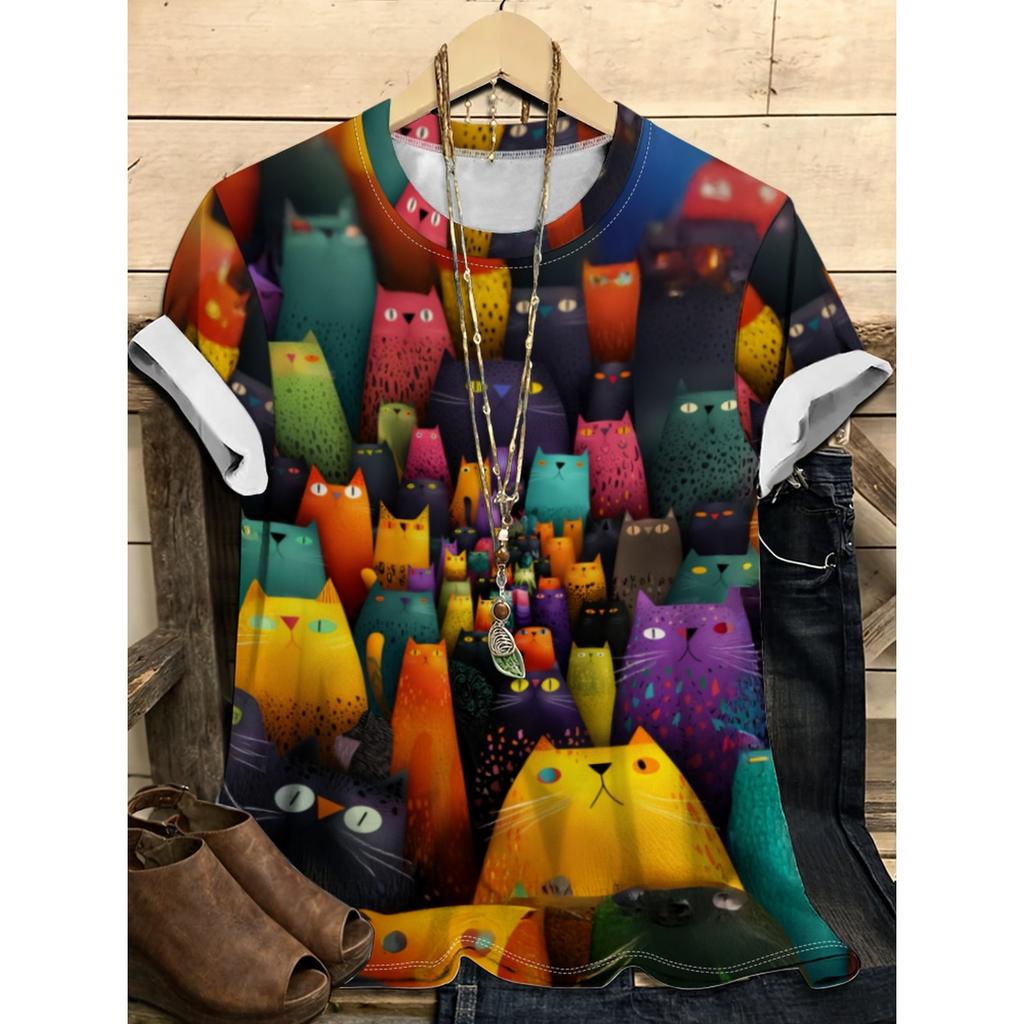 Летняя футболка с круглым вырезом, мультяшным кошачьим принтом и 3D-печатью, модная повседневная женская футболка с коротким рукавом