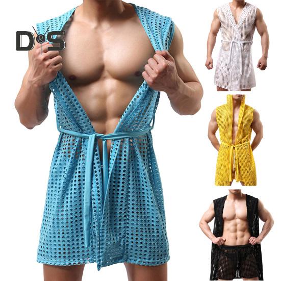 Men Sexy Hooded Nightgown Sleeveless Solid Color Hollow Out Mesh Summer Loungewear Lace-up Night Robe Homewear