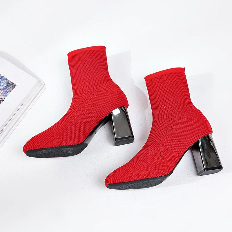 Модные Aphixta 2025 Новые модные ботильоны Женская обувь Эластичные ботильоны-носки На массивном высоком каблуке Растягивающиеся Сексуальные ботильоны Заостренный носок Плюс 41 43