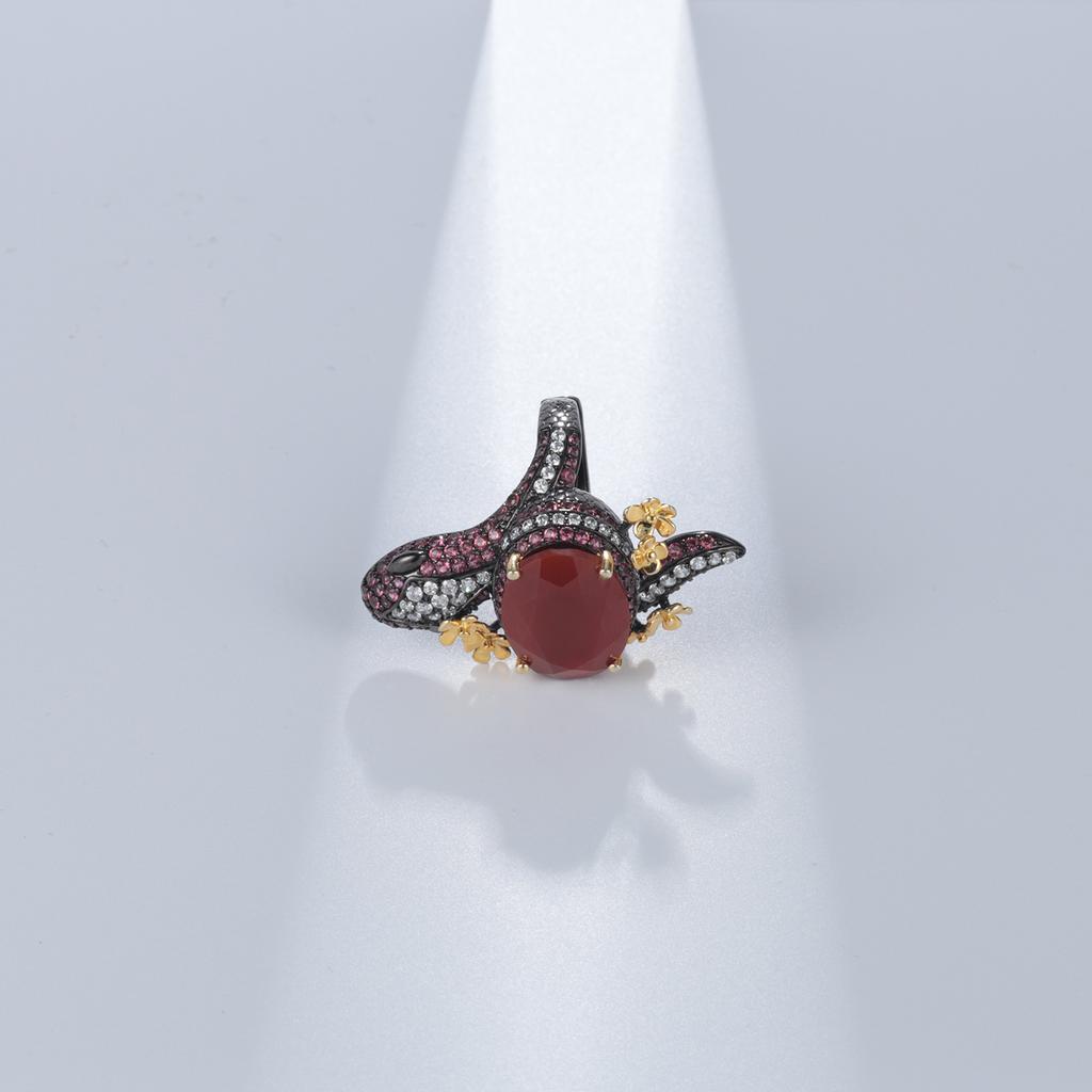Темное дизайнерское кольцо с красным агатом, регулируемое, высококачественное нишевое кольцо из серебра 925 пробы с натуральным драгоценным камнем