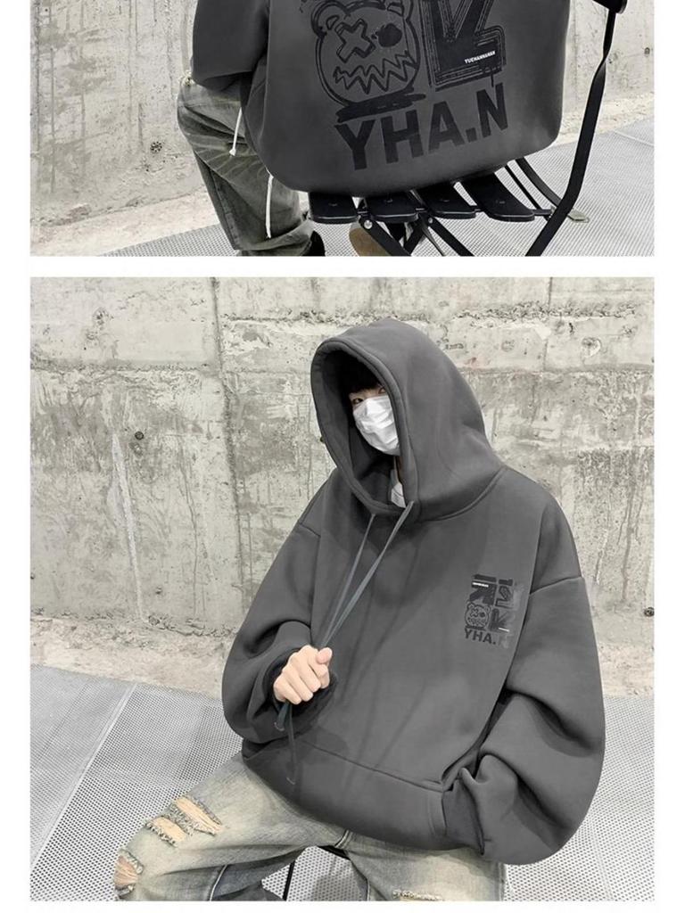 Мужская толстовка с капюшоном на плюшевой подкладке - Большой размер, Осень/Зима, Хип-хоп стиль, Модный свободный крой, Вдохновленная Америкой.