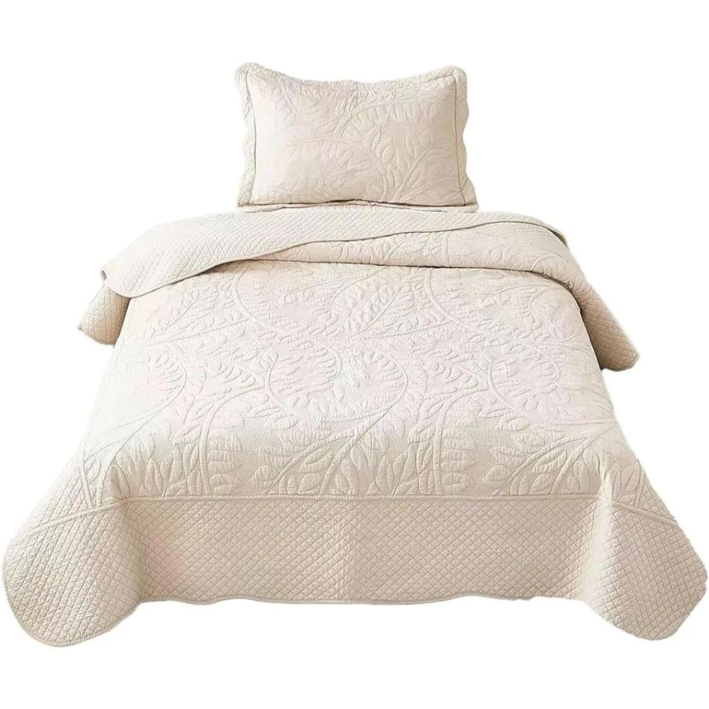 1-Piece 100% Cotton Twin Quilt Set Embroidered Quilted Bedding Bedspread Natural Beige Freight Free Nap Blanket Plaid