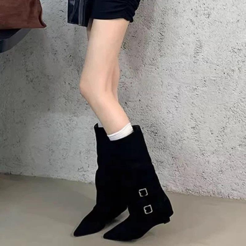 Fashion Spring Fall Winter New Pointed Toe No Knee Metal Belt Buckle Wedge Kitten Heel Boots Fashion Non-Slip Tall Boots