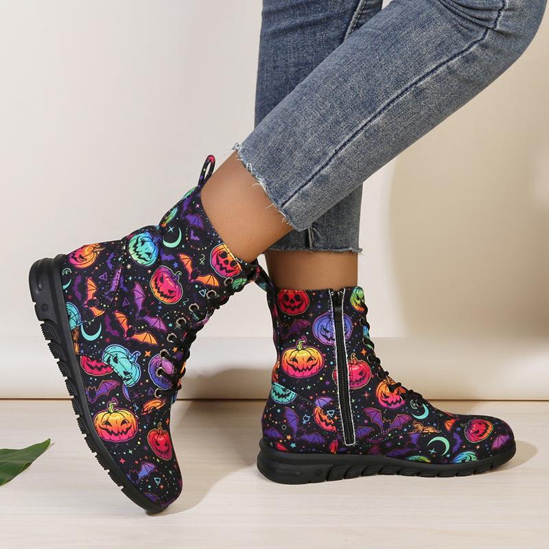 Модные европейские американские рождественские короткие сапоги женские 2024 осень-зима новые принтованные короткие кожаные сапоги с боковой молнией