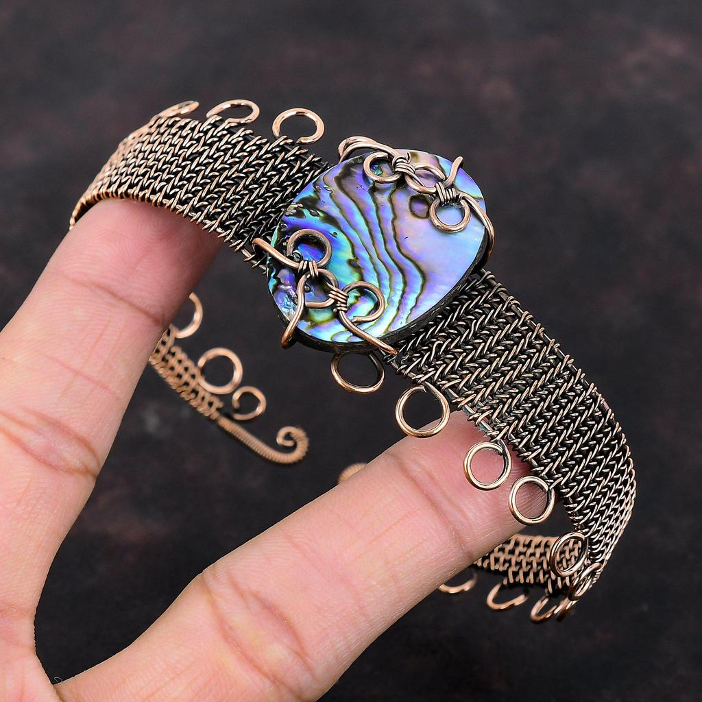 Abalone Shell Bangle Copper Wire Wrapped Cuff Bracelet Handmade Real Gemstone Bangle Adjustable Cuff Bracelet Wire Wrap Jewelry Gift For Her