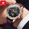 OLEVS Luxury Automatic Men Watch Rose Gold Crystal Bezel Moon Phase Brown Leather Strap Multifunction Male Wristwatch Gift