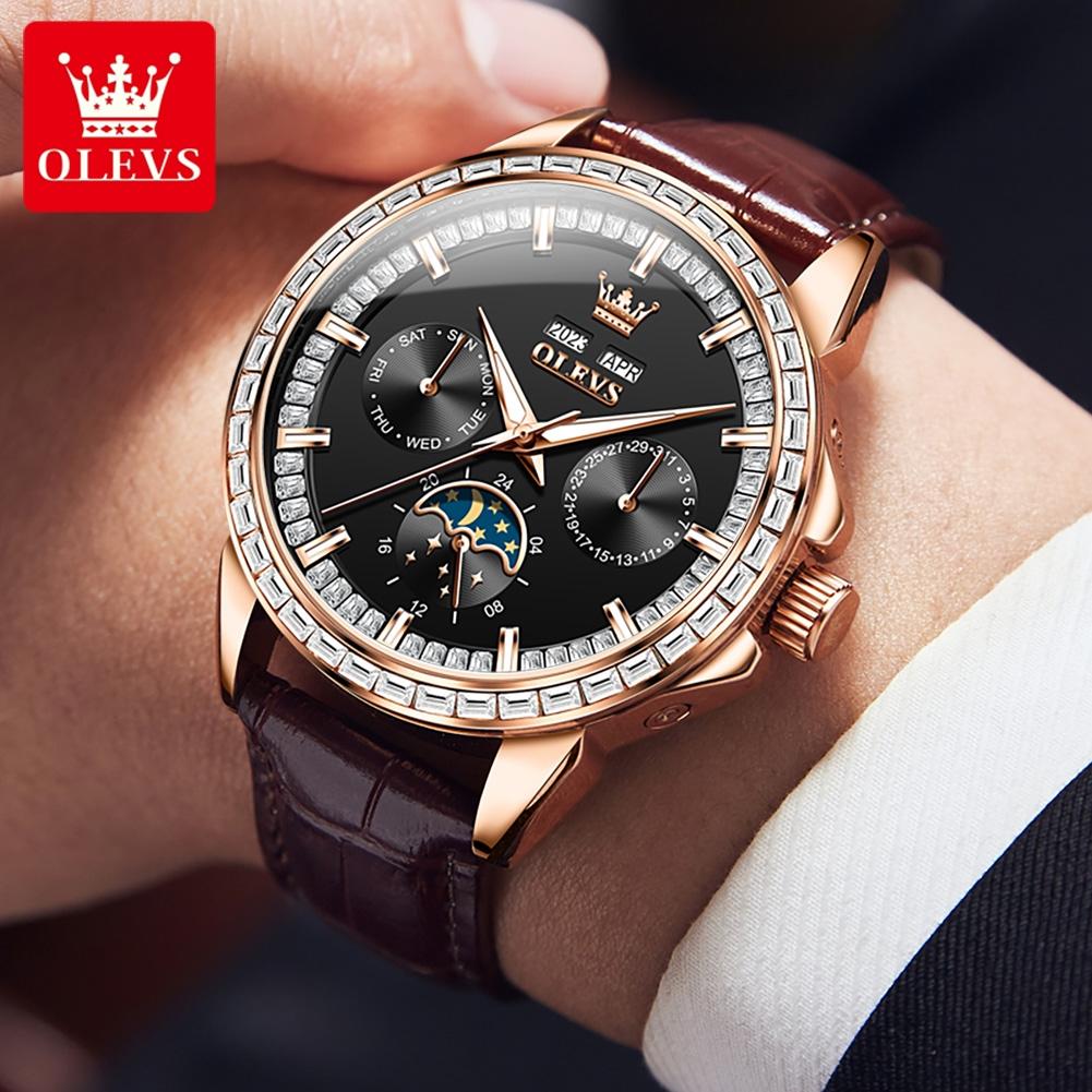 OLEVS Luxury Automatic Men Watch Rose Gold Crystal Bezel Moon Phase Brown Leather Strap Multifunction Male Wristwatch Gift