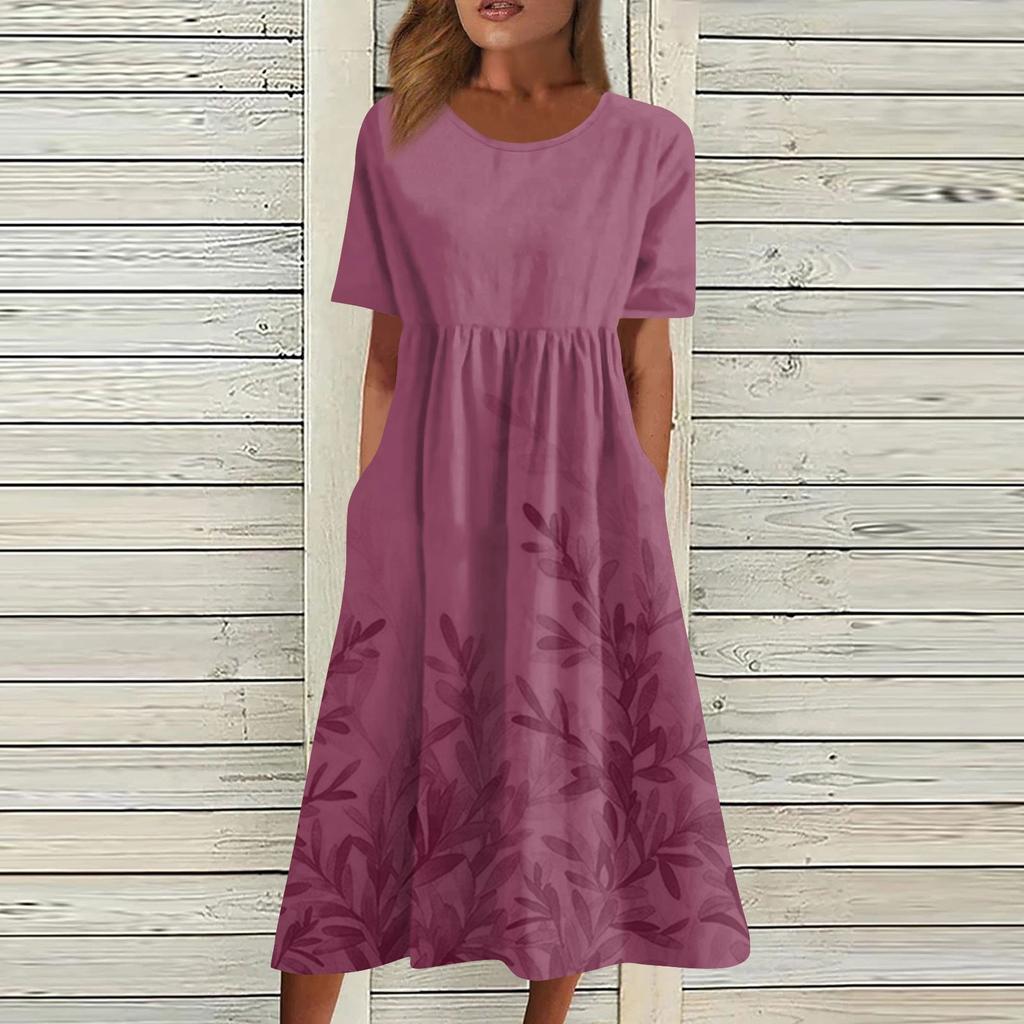 Жен. Повседневные платья Платья с принтами Летние платья С принтами Плиссированные платья-миди с круглым вырезом Классический Классический На открытом воздухе Повседневные С короткими рукавами Свободные платья