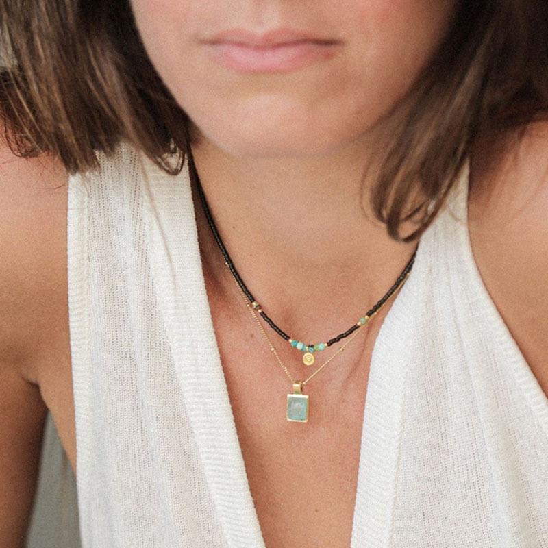 Французская ниша романтический простой ретро литературный черный шпинель бирюзовый бисер любовь круглый бренд ожерелье ключица цепочка женский