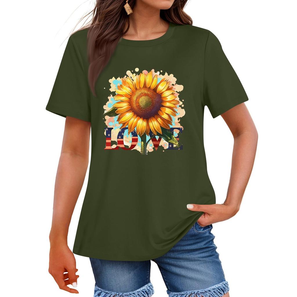 Women's Fashion Independence Day Printed Round Neck Short Sleeved Casual T-shirt Top