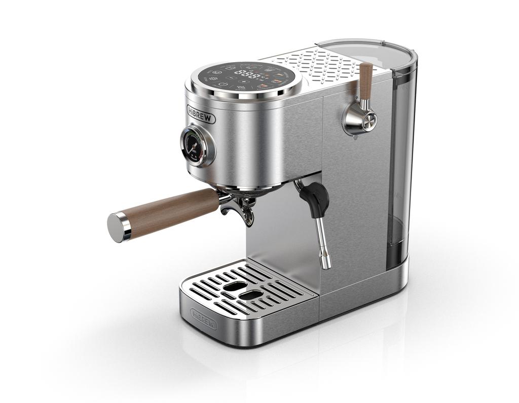 HIBREW H13 20-Bar Semi-Automatic Espresso Machine featuring dual temperature control,dual boilers,large touchscreen,solid wood steam wand.
