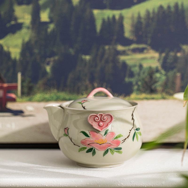 Hand-Painted Ceramic Travel Tea Set: 1 Pot & 2 Cups with Hand-Grip for Outdoor Tea Drinking
