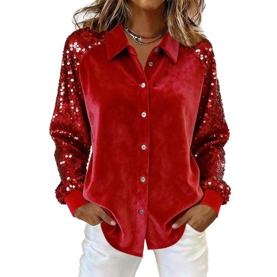 Женская вельветовая рубашка с пайетками, с длинным рукавом, с лацканами, повседневная блестящая рубашка на пуговицах для вечеринки, свидания, бара, ночного клуба
