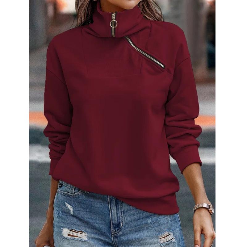 Autumn Women's Hoodie Solid Color Zipper High Neck Fashion Loose Sweatshirt Hoodie