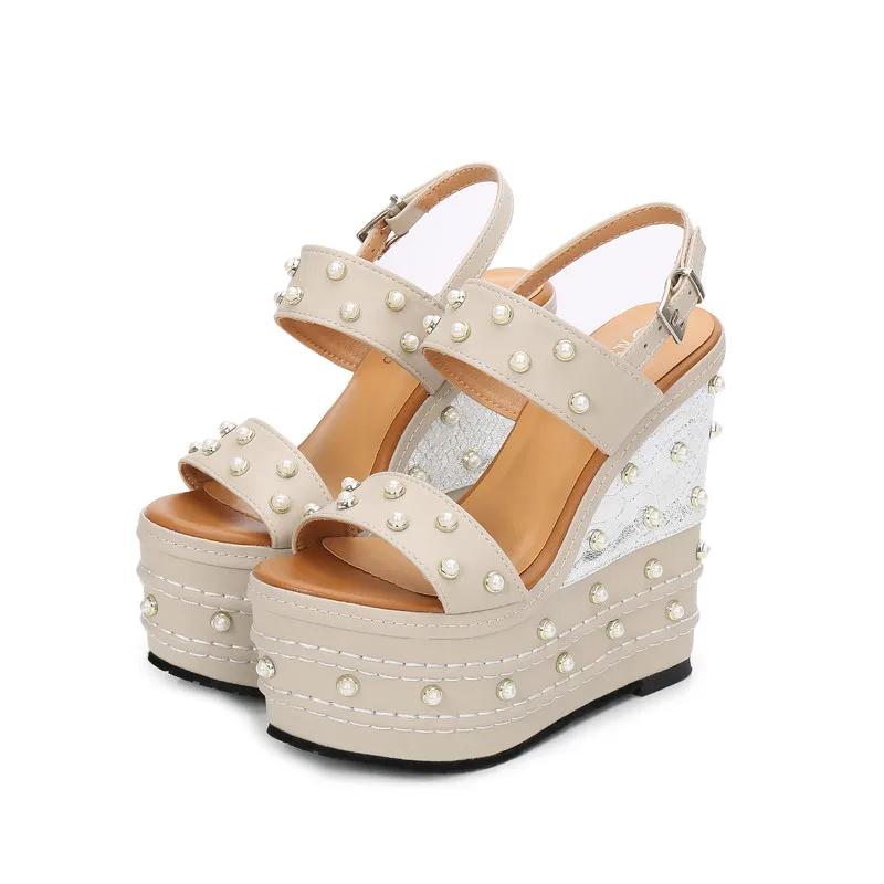 Модные 16 см Босоножки на платформе и танкетке на супервысоком каблуке Летняя обувь Женская обувь со стразами Открытый носок Пляжная обувь Туфли-лодочки Шлепанцы Летняя обувь