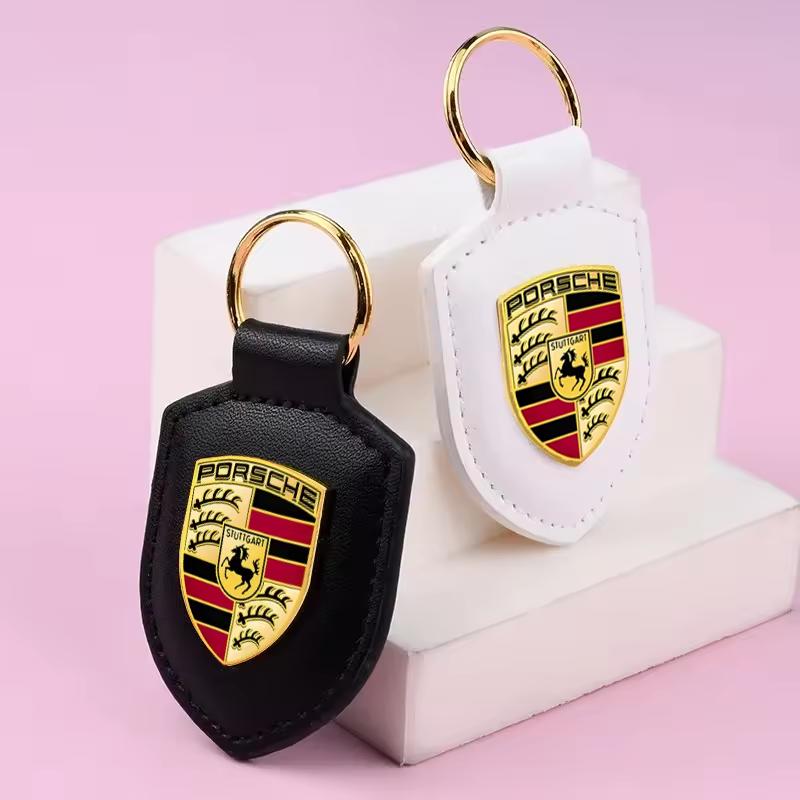 Car Leather Keychain Holder Shield Key Ring Chain Pendant Gifts For Porsche Macan 911 718 Taycan Panamera Cayenne Boxster Cayman
