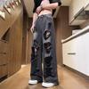 2024 American Retro Black Distressed Wide-Leg Denim Jeans