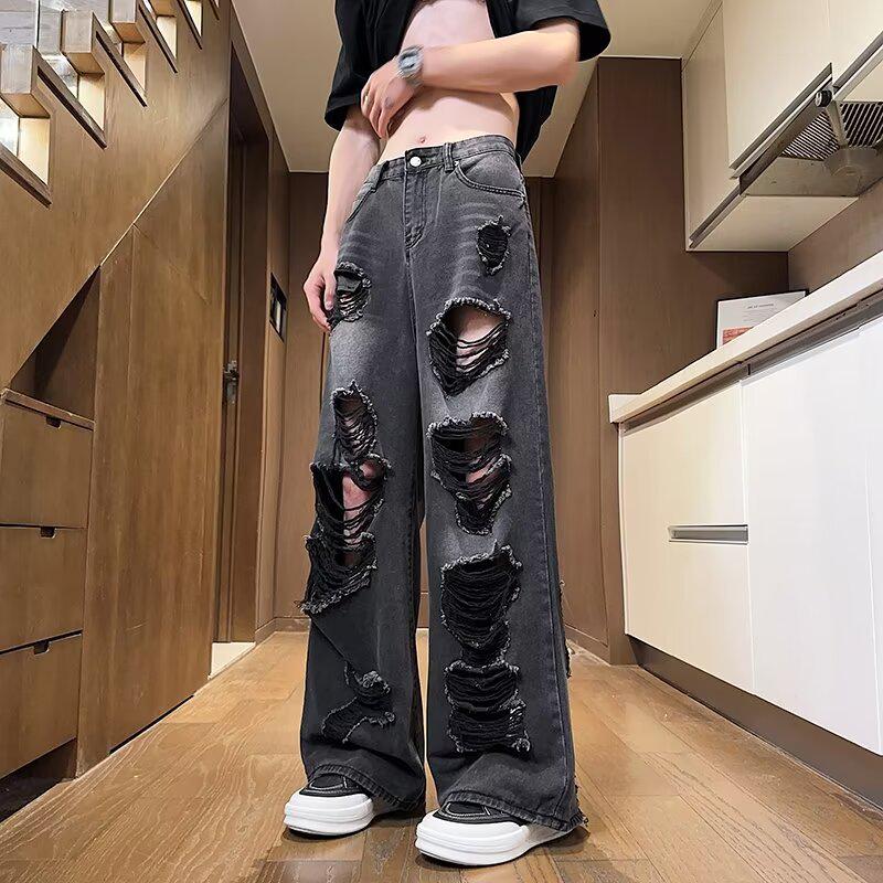 2024 American Retro Black Distressed Wide-Leg Denim Jeans