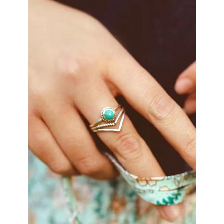 Vintage Turquoise Stackable Ring Set Boho 925 Silver Plated V‑Shape Finger Rings For Women