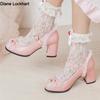 Fashion 2025 Women High Heels Cross Strap Mary Jane Pumps Party Wedding White Pink Black Bow Lace Beads Princess Cosplay Lolita Shoes