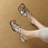 New Summer One-word Sandals Women's Buckle Rubber Soft Sole Large and Small Size Women's Shoes European and American Square Head Medium Heel Silv