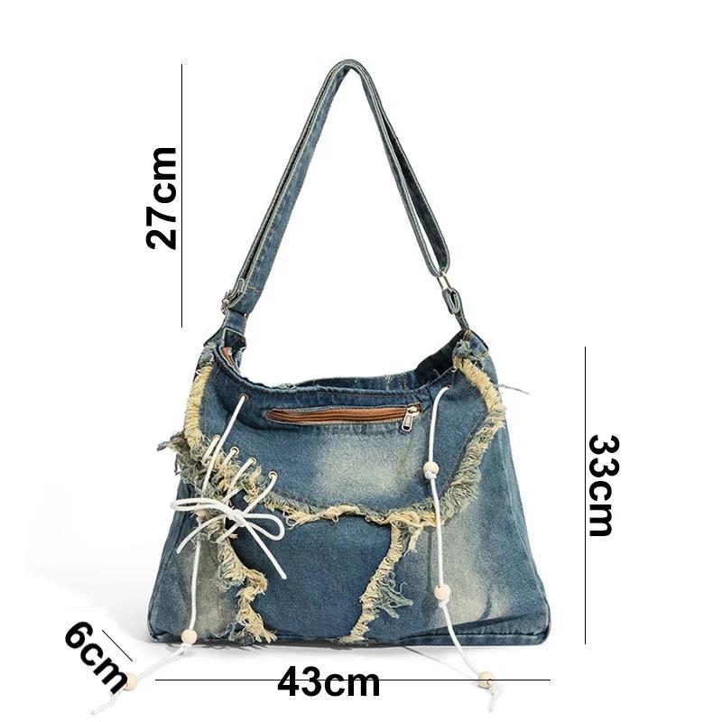 Washed Denim Women Shoulder Bag Large Capacity Student Zipper Messager Handbags