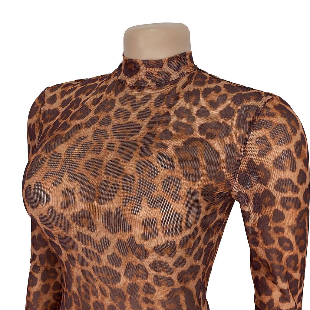 Women's Sexy Leopard Print Long Sleeve Split Dress