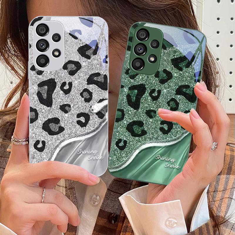 Чехол из закаленного стекла для Samsung Galaxy S10 4G S20 11E 30 S21 22 S24 Fe Pro S23 S25 Ultra 5G S9 с леопардовым пайеточным узором в виде змеи