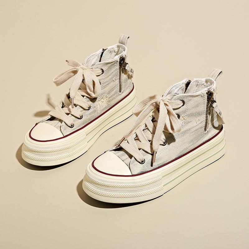 CRLAYDK Classic Retro Mid Top Canvas Sneakers for Women Zipper Slip On Platform Shoes Fashion Ladies Casual Walking Tennis