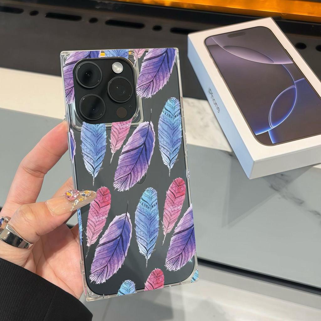 Square Back Tube Protection Clear Case For iPhone 11 14 Pro Max 16 ProMax 15 Plus 12 13 Anti-Oxygen,Full Screen Feathers Pattern Casing