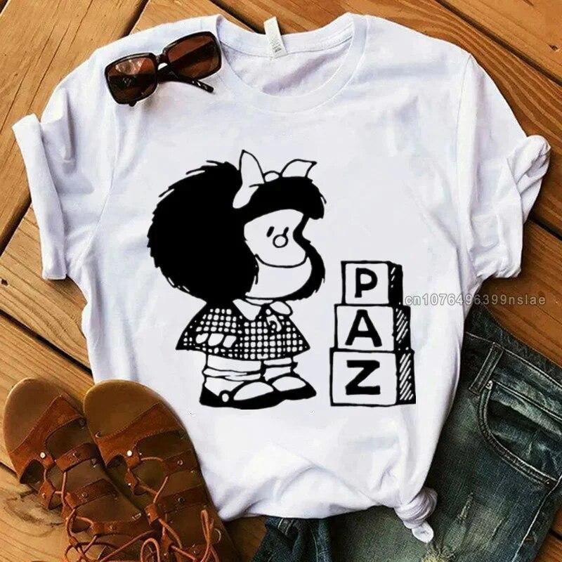 Футболка Mafalda из хлопка для женщин, летняя повседневная одежда Harajuku, футболки с коротким рукавом, уличная одежда, аниме-топы, футболка с героями мультфильмов 90-х годов, унисекс