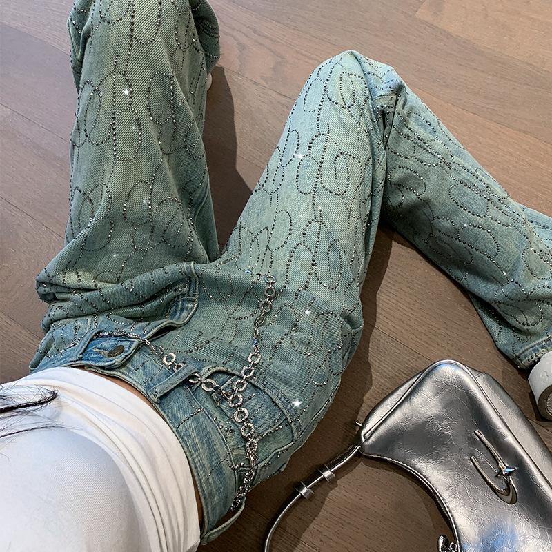 Женские джинсы Stamping Diamond, весна-осень, модные блестящие широкие брюки с заклепками, женские прямые свободные джинсовые брюки