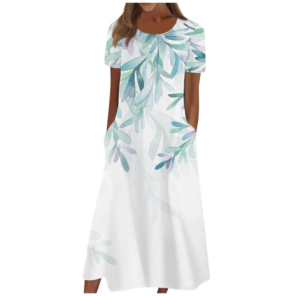 Women's Summer Casual Fashion Floral Print Short Sleeve Round Neck Pocket Dress