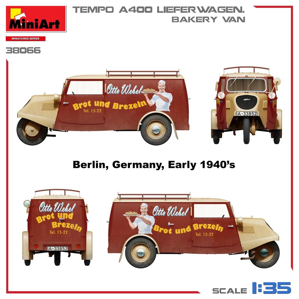 Пластиковый фургон для пекарни Miniart Tempo A400 Liefer Wagen, пластиковая модель MA38066, 1/35