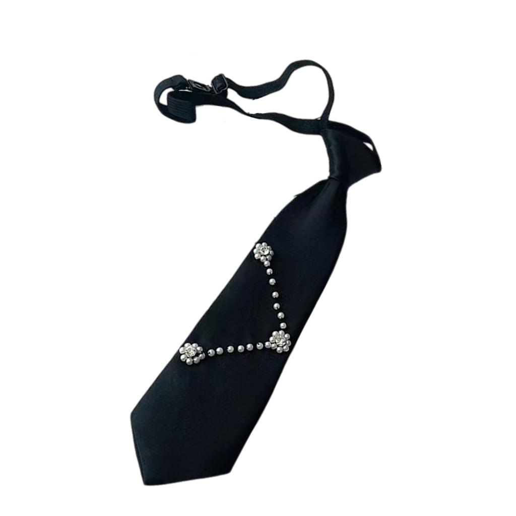 Uniform Black Ties for Senior High School Girl Uniform Pre-tied Preepy Look Adjustable Neck Ties with Crystal
