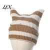 Cozy Headwear for Girls Cat Ear Hat Women Girls, Striped Slouchy Crochet Headgear Fashionable Streetwear with Shiny Rhinestones, Cute Winter